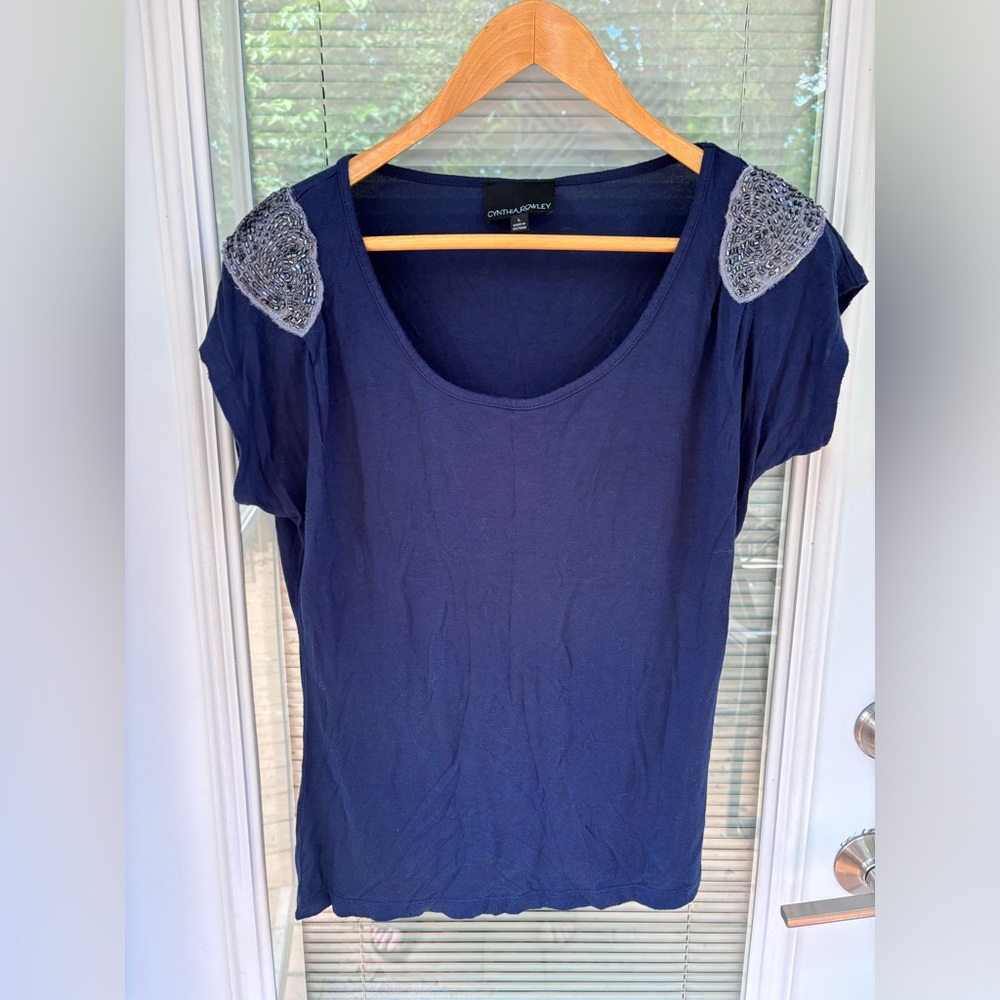Cynthia Rowley baby blue embellished t-shirt with one flaw